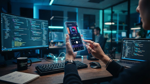 Android Developer workspace displaying high-fidelity audio app and reactive codebases in modern dark IDE