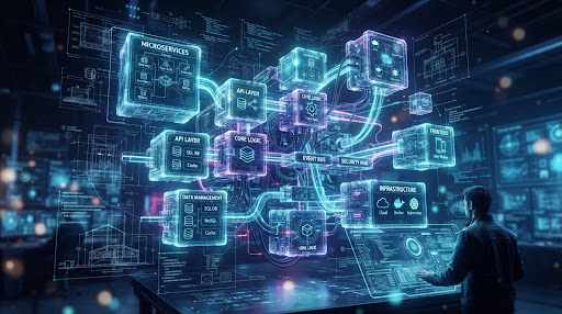 Complex software architecture visualization with 3D modular microservice blocks and distributed data nodes reviewed by engineer