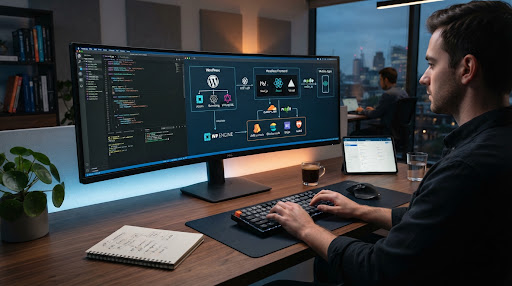 Ultra-wide monitor setup illustrating headless architecture diagram connecting WordPress CMS backend to React frontend and cloud CDN